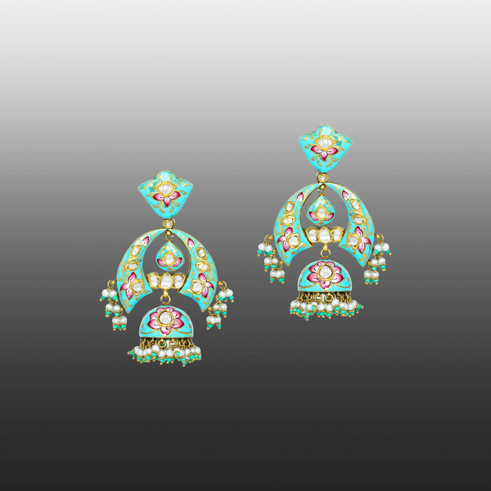 Pastel Enamel Jhumkas with Pearl and Turquoise Danglings
